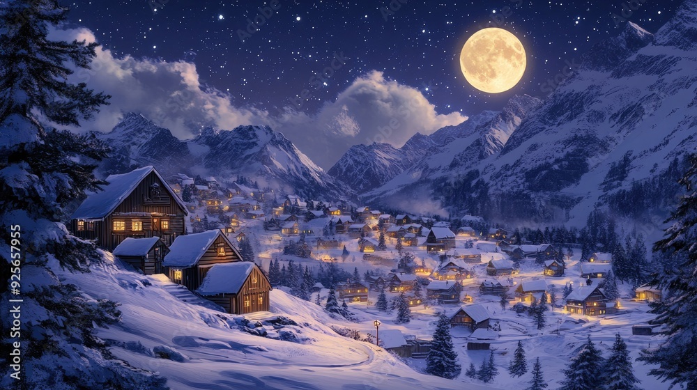 Fototapeta premium Winter village in the mountains at night with full moon and stars. Starry Night Over Snowy Town. Wallpaper