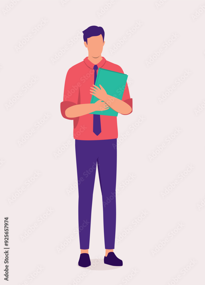 Man Office Worker Standing And Holding A Document File. Man Office Worker Standing And Holding A Document File.