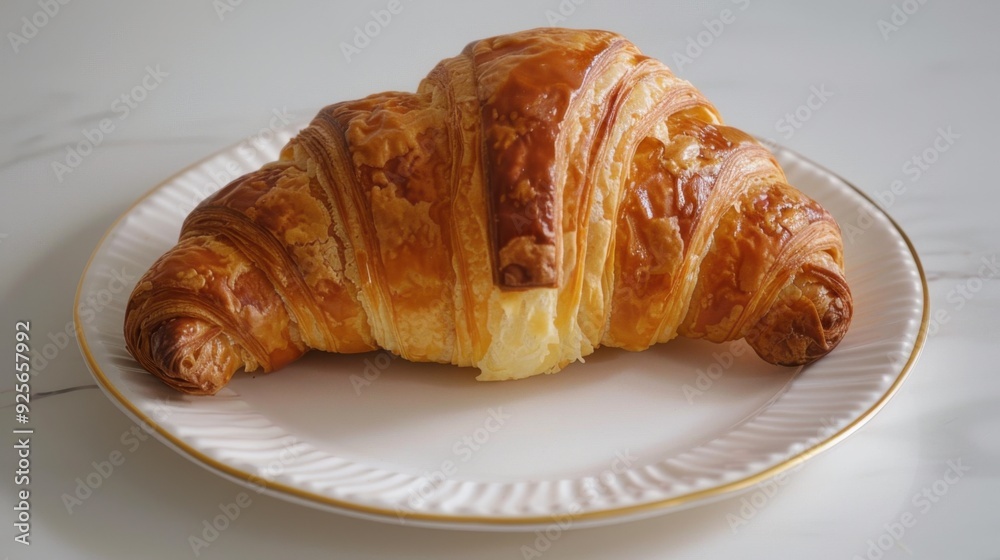 A freshly baked croissant placed on a white plate, showcasing its flaky layers and golden color.
