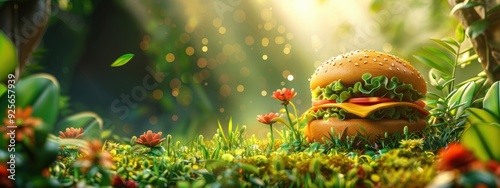 A cartoonish burger is sitting on a field of flowers. The burger is surrounded by a variety of flowers, including daisies, roses, and sunflowers. The scene is bright and cheerful