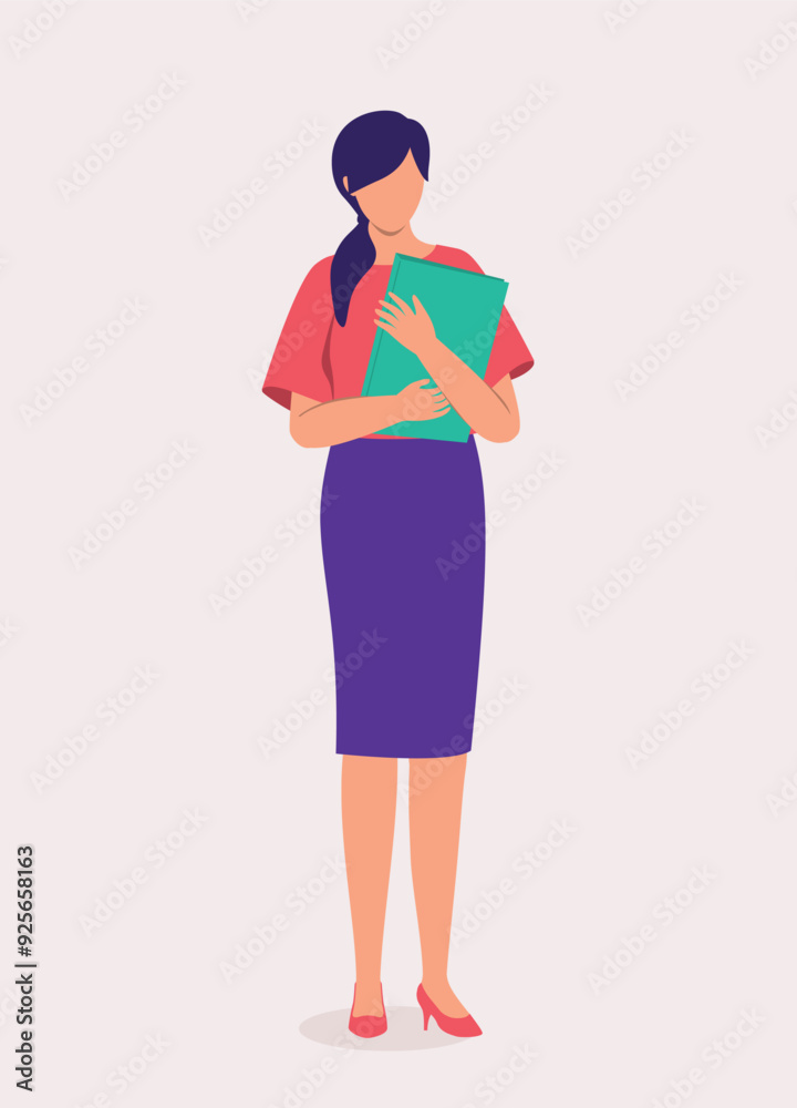 Woman Office Worker Standing And Holding A Document File. Woman Office Worker Standing And Holding A Document File.