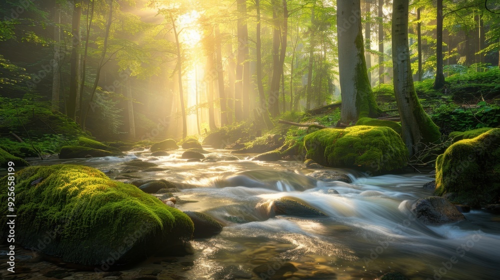 Obraz premium A gentle stream flowing through a forest, with sunlight dappling the water and moss-covered rocks.
