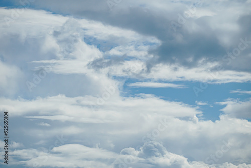 Cloudy fluffy sky natural background. Blue and white cloudscape. Transition of gently cloud scape at summer day. Clean of birds, bugs, and dust.