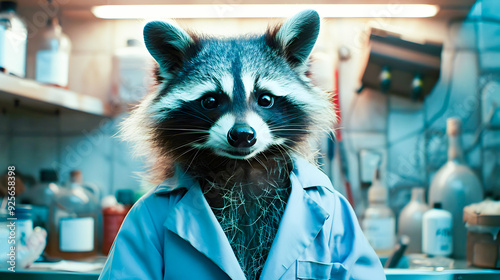 Raccoon wearing a doctor s uniform posing in a medical laboratory setting  Curious and intelligent wild animal in a professional healthcare or scientific research environment photo