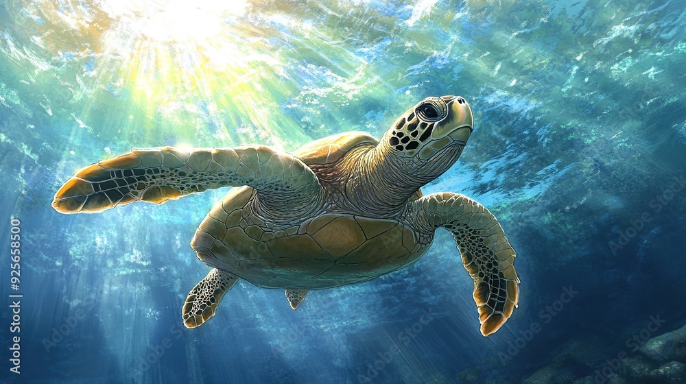 Fototapeta premium A sea turtle swims through the blue water, sunlight shining from above.
