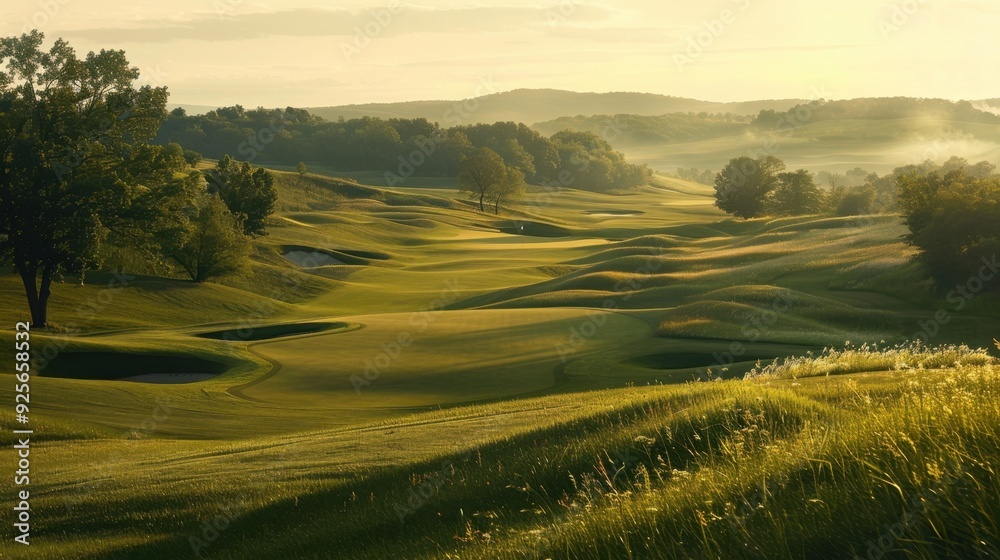 Obraz premium A golf course at dusk with the last light casting a golden hue over the greens and fairways.