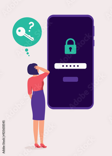 Back View Of A Woman Forgotten Her Passkey In Handphone. Full Length.