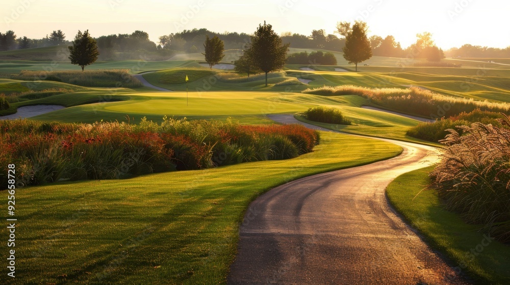 Naklejka premium A golf course with a well-defined path leading to a distant green, framed by beautiful landscaping.