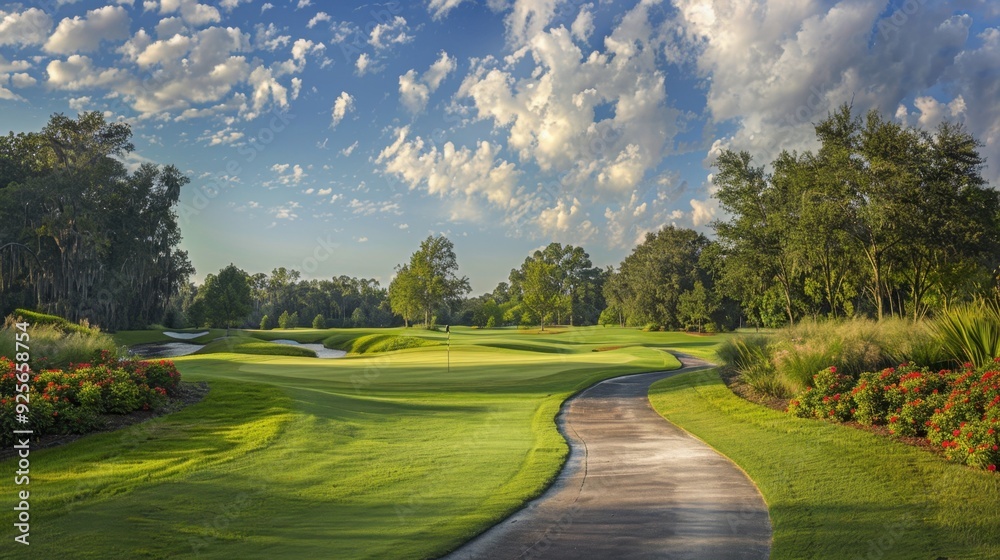Naklejka premium A golf course with a well-defined path leading to a distant green, framed by beautiful landscaping.