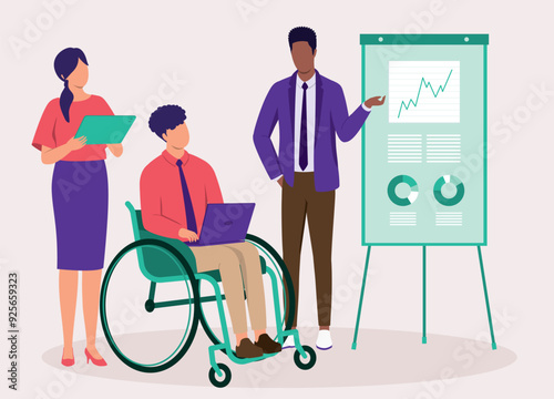 Disabled Man Worker In Wheelchair Using Laptop While Having A Corporate Meeting With His Colleague. Full Length.