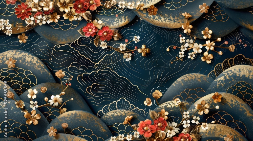 Fototapeta premium volumetric Japanese patterns , gold Japanese patterns , floral Japanese patterns , 3D Japanese patterns