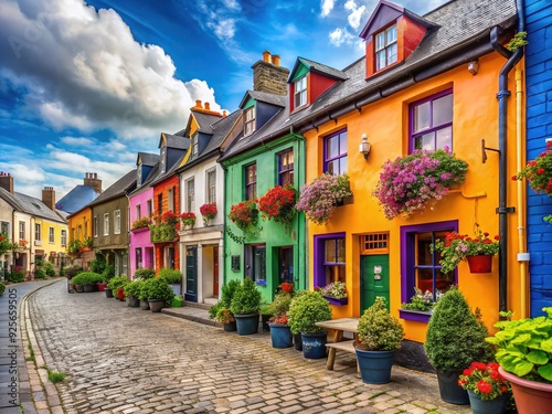 Colorful row of historic buildings lines a charming cobblestone street in Ireland, adorned with vibrant flowers andtraditional Irish pub signs. photo