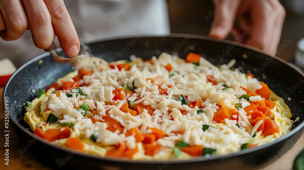 Person making an omelet with chopped vegetables and cheese Person making an omelet with chopped vegetables and cheese