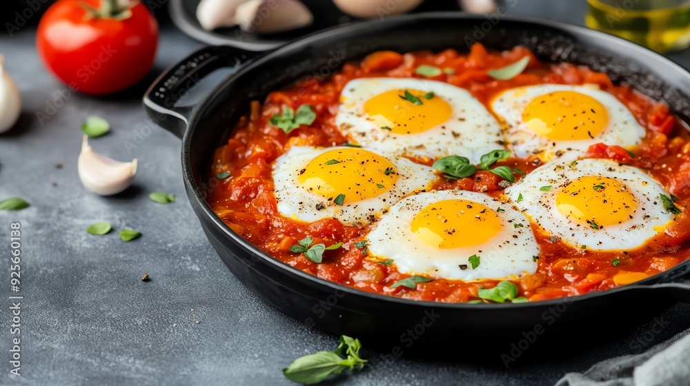 Shakshuka with eggs poached in tomato sauce Shakshuka with eggs poached in tomato sauce