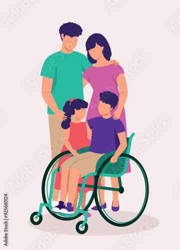 Portrait Of A Young Disabled Little Son In Wheelchair With His Father, Mother And Sister.