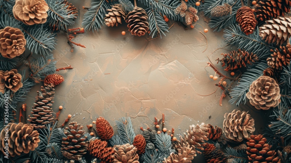 A frame of pine cones and branches with a white background. The pine cones are of different sizes and colors, and they are arranged in a circular pattern. The frame is simple and elegant A frame of pine cones and branches with a white background. The pine cones are of different sizes and colors, and they are arranged in a circular pattern. The frame is simple and elegant