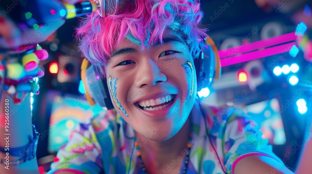 Portrait, Young Man Live Streaming Video Game With Neon Lights, Smiling, Wearing Headphones. Portrait, Young Man Live Streaming Video Game With Neon Lights, Smiling, Wearing Headphones.