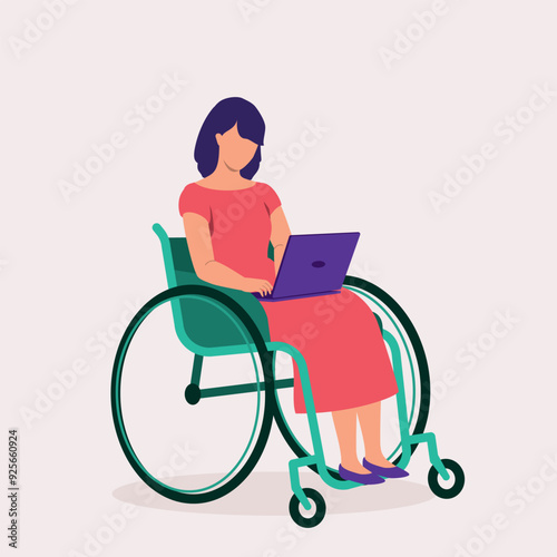 One Disabled Woman In Wheelchair Using Laptop. Full Length.