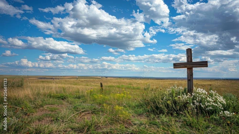 A grave in a rural setting, with a wooden cross marking the site, under a wide, open sky. A grave in a rural setting, with a wooden cross marking the site, under a wide, open sky.
