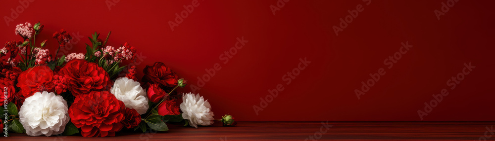 Elegant arrangement of red and white flowers against a deep red background, perfect for romantic occasions and elegant celebrations. Elegant arrangement of red and white flowers against a deep red background, perfect for romantic occasions and elegant celebrations.