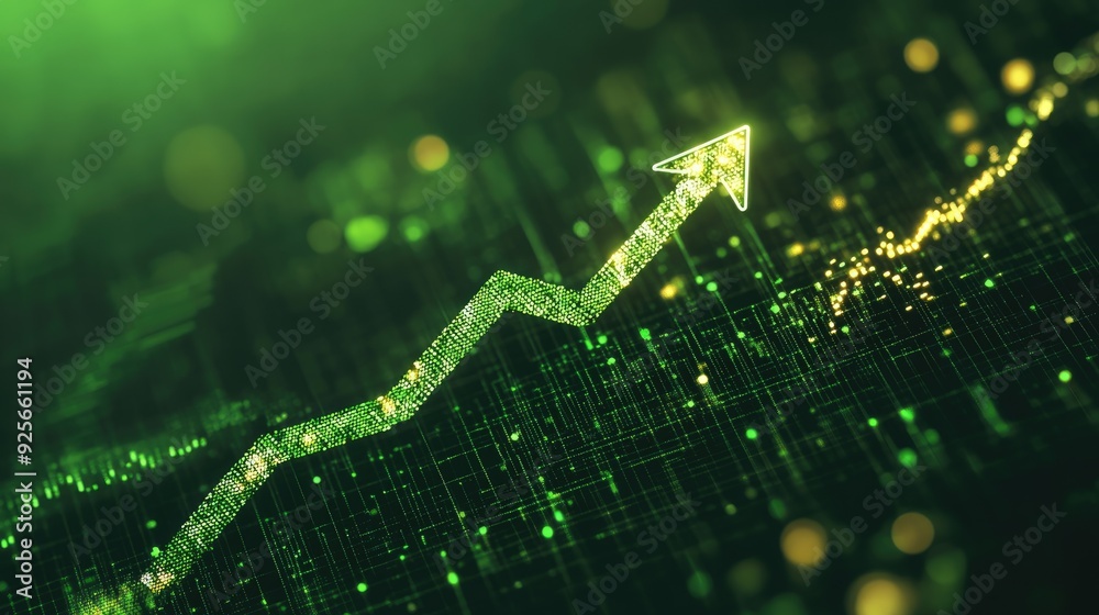 business finance chart . green arrow pointing up on digital green ...