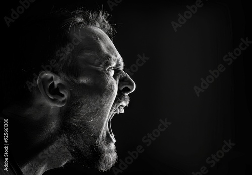 Close-up of a man's face in profile, shouting intensely in black and white.