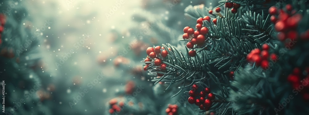 A close up of a tree with red berries. Concept of warmth and coziness, as the red berries contrast with the green leaves and the blue sky. The image evokes feelings of the holiday season A close up of a tree with red berries. Concept of warmth and coziness, as the red berries contrast with the green leaves and the blue sky. The image evokes feelings of the holiday season