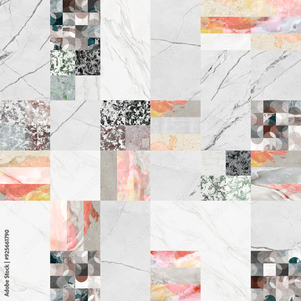 Fototapeta premium Creative patchwork pattern stone ceramic wallpaper design. White marble