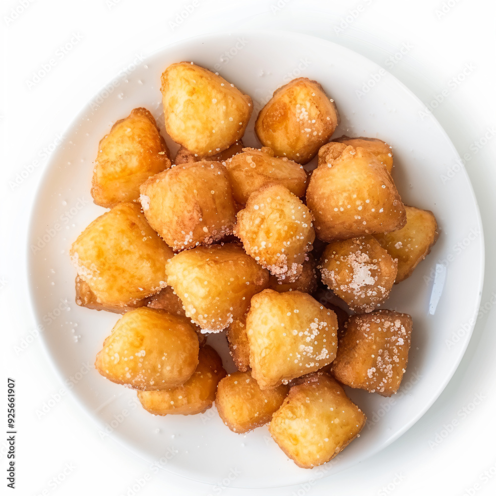 a white plate topped with sugared donuts a white plate topped with sugared donuts