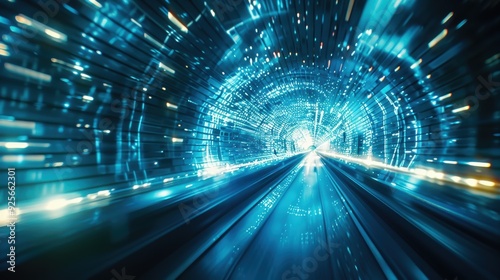 A tunnel with a bright blue light shining through it. The tunnel is very long and it seems to be a futuristic tunnel