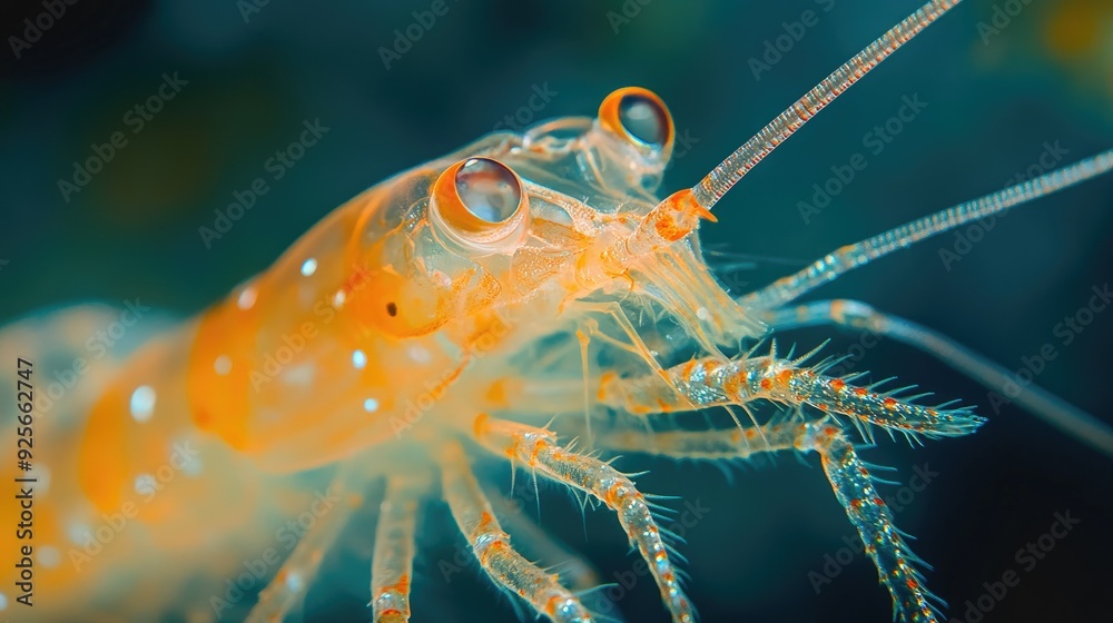 Close-Up Macro Shot of a Transparent Shrimp for Marine Photography, Ocean Aquatic Life Underwater Exploration