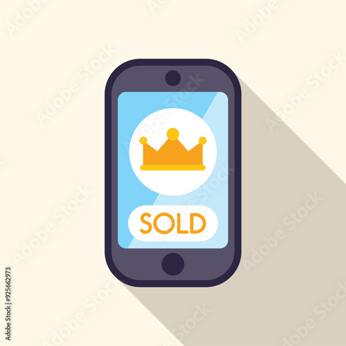 Smartphone is showing a sold status with a crown icon, representing winning an online auction