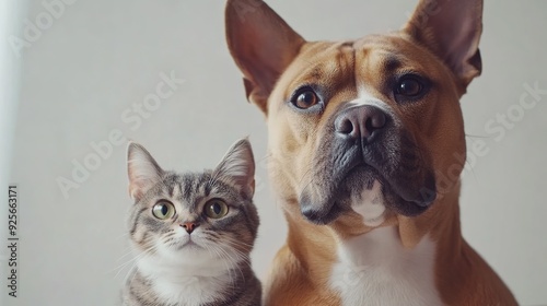 Close up portrait of a brown dog and a tabby cat looking at the camera. photo