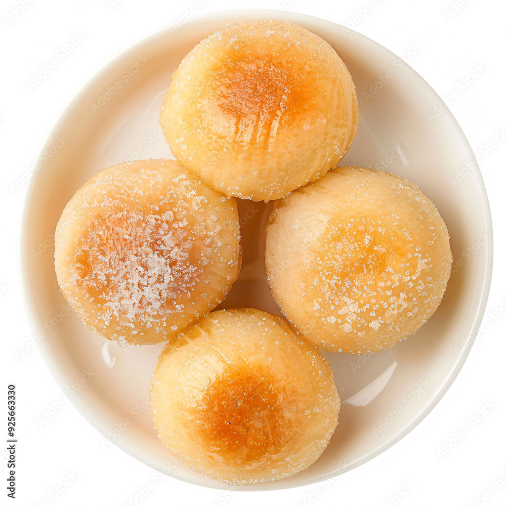 a white bowl filled with four donuts covered in sugar a white bowl filled with four donuts covered in sugar