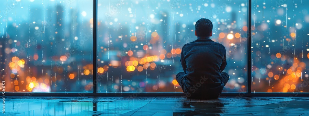 A man sits in a window looking out at the city. The rain is falling outside, creating a moody atmosphere. The man is lost in thought, perhaps contemplating his life or the world around him A man sits in a window looking out at the city. The rain is falling outside, creating a moody atmosphere. The man is lost in thought, perhaps contemplating his life or the world around him