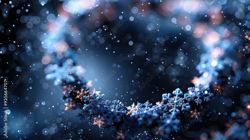 A wreath of snowflakes is shown in a blue and purple color scheme. The snowflakes are arranged in a circular pattern, with some of them overlapping each other A wreath of snowflakes is shown in a blue and purple color scheme. The snowflakes are arranged in a circular pattern, with some of them overlapping each other