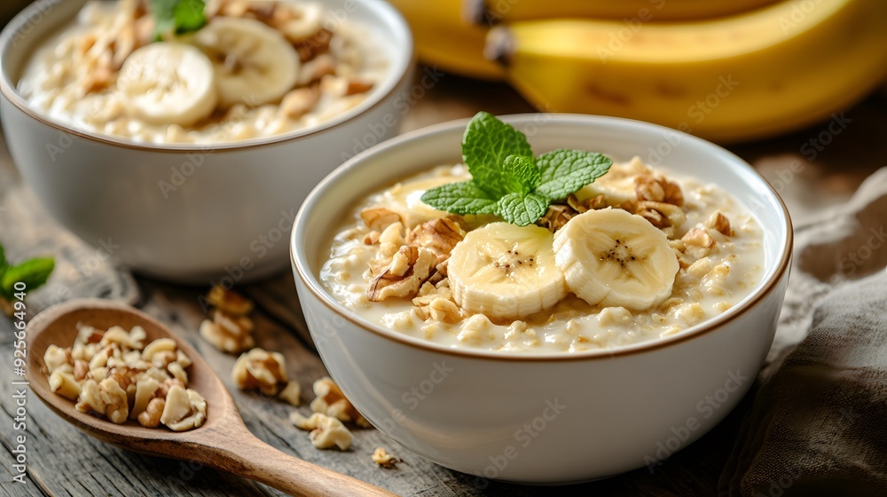 Healthy breakfast bowls, white ceramic bowls, sliced bananas, oatmeal, sprinkled nuts, fresh mint leaves, wooden spoon, whole bananas in background, rustic table setting, soft natural lighting. Healthy breakfast bowls, white ceramic bowls, sliced bananas, oatmeal, sprinkled nuts, fresh mint leaves, wooden spoon, whole bananas in background, rustic table setting, soft natural lighting.
