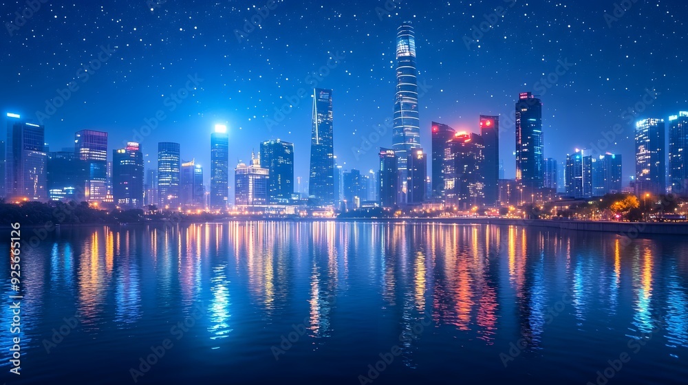 Fototapeta premium Illuminated city skyline, vibrant night lights, reflection on calm river, modern skyscrapers, dark blue sky, twinkling stars, bustling urban environment, high-resolution photograph, serene riverbank.
