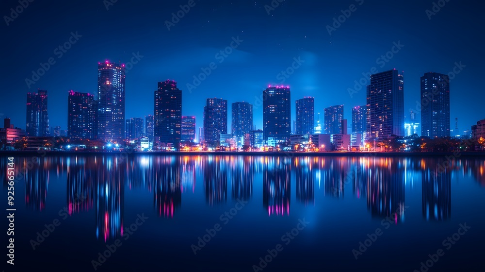 Obraz premium Illuminated city skyline, vibrant night lights, reflection on calm river, modern skyscrapers, dark blue sky, twinkling stars, bustling urban environment, high-resolution photograph, serene riverbank.