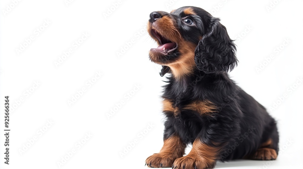 Cute black and tan dachshund puppy sitting on a white background with its mouth open. Cute black and tan dachshund puppy sitting on a white background with its mouth open.