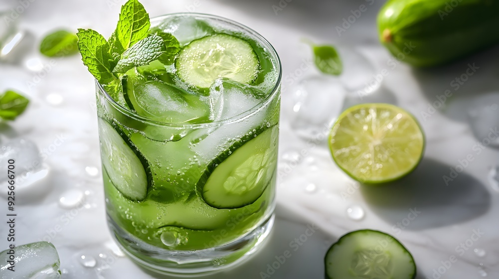 Refreshing cucumber lime cocktail, clear glass mug, white marble countertop, vibrant green drink, ice cubes, cucumber slices, fresh mint leaves, lime wedges, condensation droplets, soft natural lighti Refreshing cucumber lime cocktail, clear glass mug, white marble countertop, vibrant green drink, ice cubes, cucumber slices, fresh mint leaves, lime wedges, condensation droplets, soft natural lighti