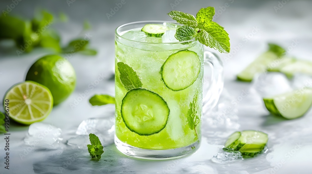 Refreshing cucumber lime cocktail, clear glass mug, white marble countertop, vibrant green drink, ice cubes, cucumber slices, fresh mint leaves, lime wedges, condensation droplets, soft natural lighti Refreshing cucumber lime cocktail, clear glass mug, white marble countertop, vibrant green drink, ice cubes, cucumber slices, fresh mint leaves, lime wedges, condensation droplets, soft natural lighti
