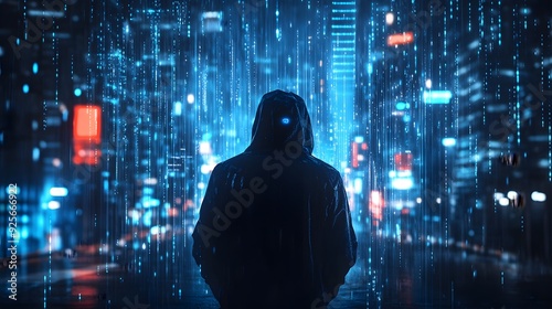 Silhouette of hooded figure, futuristic cityscape, cascading blue digital rain, cyberpunk atmosphere, matrix-style data streams, neon blue lights, dark urban background, mysterious person.