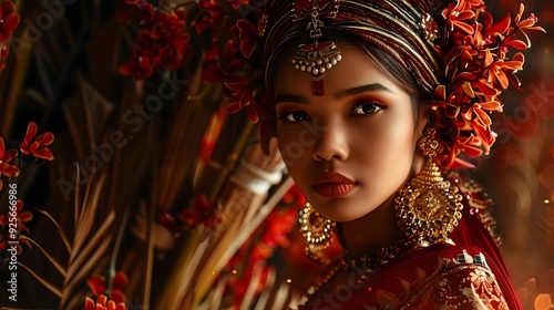 Beautiful woman in traditional Indian attire with intricate gold jewelry and a red saree, posing for a portrait. The woman is adorned with a flower headpiece, and her expression is serious.