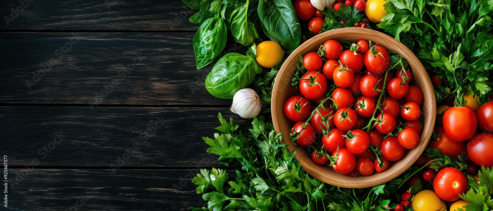 Fresh vegetables arrangement with tomatoes, herbs, and greens on a rustic wooden table. Perfect for healthy eating and culinary themes. Fresh vegetables arrangement with tomatoes, herbs, and greens on a rustic wooden table. Perfect for healthy eating and culinary themes.
