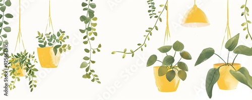 Watercolor tropical green house plants in pots. Hygge style. Trendy house interior decor. Greenery botanical illustration with copy space for design banner, poster, card photo