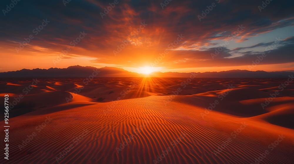 Sunset over desert dunes, golden sand, deep orange sky, soft shadows, distant mountains, serene landscape, warm colors, soft light, tranquil atmosphere, minimalist composition, expansive view. Sunset over desert dunes, golden sand, deep orange sky, soft shadows, distant mountains, serene landscape, warm colors, soft light, tranquil atmosphere, minimalist composition, expansive view.