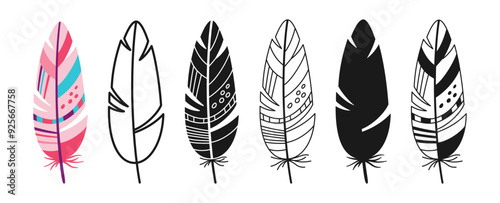 Feather linear icon, cartoon symbol set. Hand drawn colorful stylized bird feathers with ethnic boho ornamental pattern. Simple sign birds feathers silhouette shape or doodle art. Isolated vector