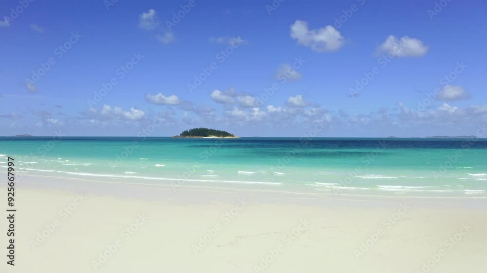Drone, blue sky and beach as a vacation location with water and nature for holiday travel and summer landscape. Environment, sea and aerial view of tropical outdoor scenery with a coastal ocean shore Drone, blue sky and beach as a vacation location with water and nature for holiday travel and summer landscape. Environment, sea and aerial view of tropical outdoor scenery with a coastal ocean shore