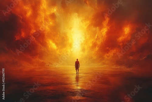 human potential visualization lone figure stands at epicenter of radiating light beams symbolizing personal growth and untapped abilities in abstract landscape